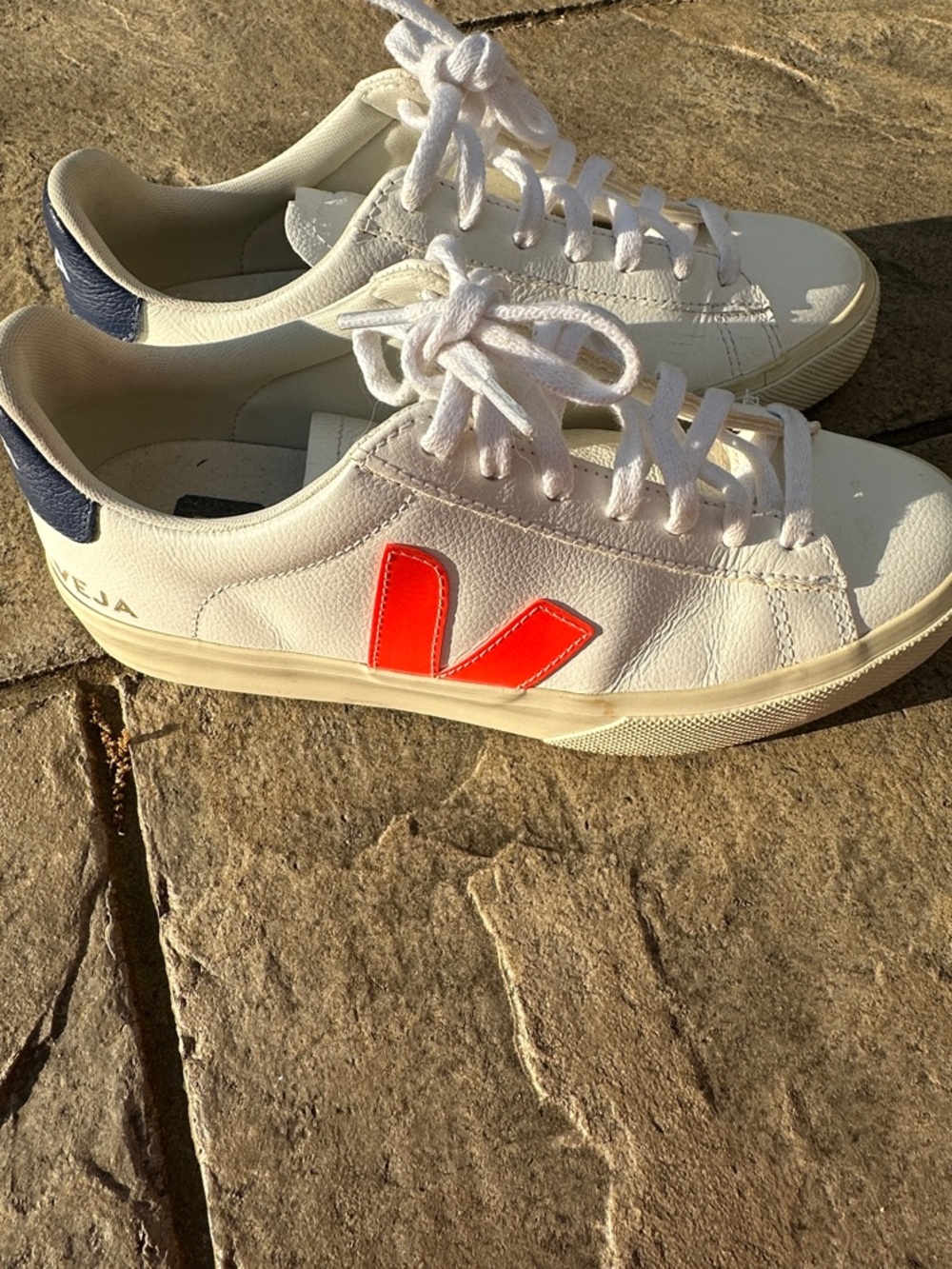 Veja White Leather Sneakers with Bright Orange V and Navy Heel size 8 Women’s.